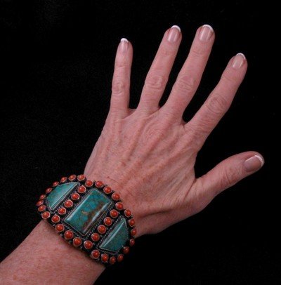 Image 3 of Kirk Smith Navajo Pilot Mtn Turquoise Coral Sterling Silver Bracelet