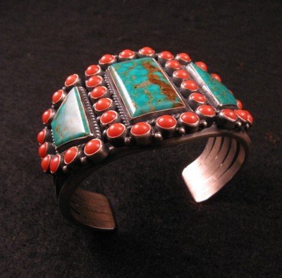Image 5 of Kirk Smith Navajo Pilot Mtn Turquoise Coral Sterling Silver Bracelet