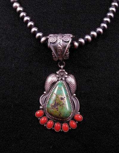 Image 3 of Native American Kirk Smith Skyhorse Turquoise Coral Silver Pendant 