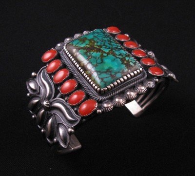 Image 4 of Kirk Smith Navajo Turquoise Coral Sterling Silver Bracelet