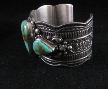 Image 4 of Wide Guy Hoskie Navajo Native American Manassa Turquoise Silver Bracelet