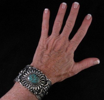 Image 4 of Navajo Darryl Becenti Wide Sterling Silver Turquoise Cuff Bracelet