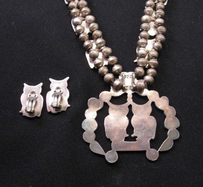 Image 3 of Vintage Zuni Native American Owl Squash Blossom Necklace Earrings Set