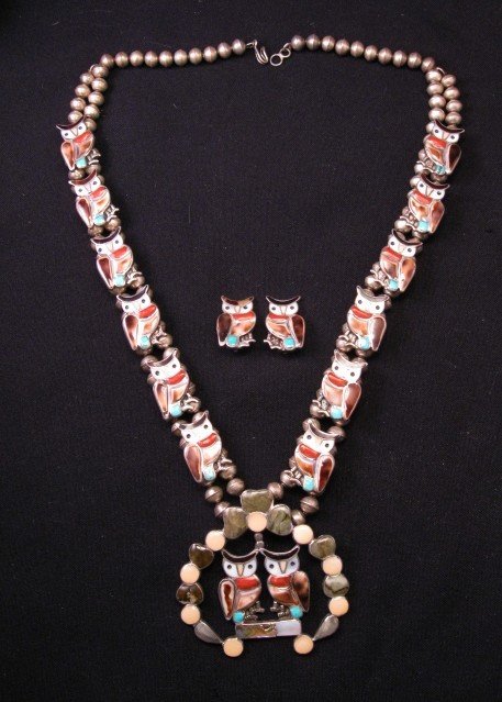Image 5 of Vintage Zuni Native American Owl Squash Blossom Necklace Earrings Set