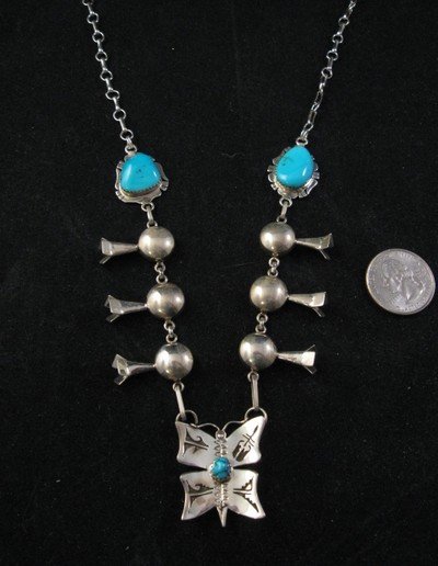 Image 3 of Butterfly Turquoise Silver Squash Blossom Necklace, Nelson Morgan
