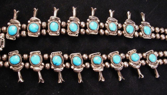 Image 4 of Old Pawn Navajo Turquoise Silver Squash Blossom Necklace