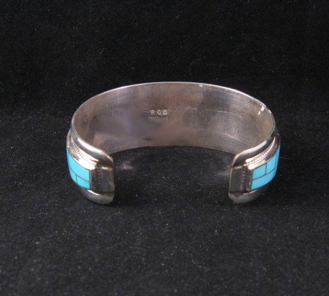 Image 3 of Rick Booqua Zuni Jewelry Turquoise Inlay Sterling Silver Bracelet