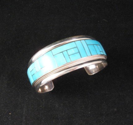 Image 4 of Rick Booqua Zuni Jewelry Turquoise Inlay Sterling Silver Bracelet