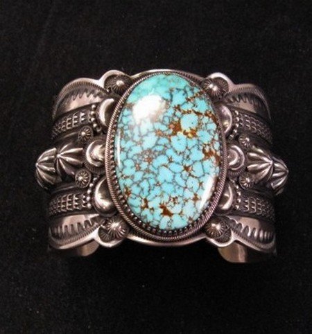 Image 7 of Delbert Gordon Navajo Kingman Turquoise Silver Bracelet