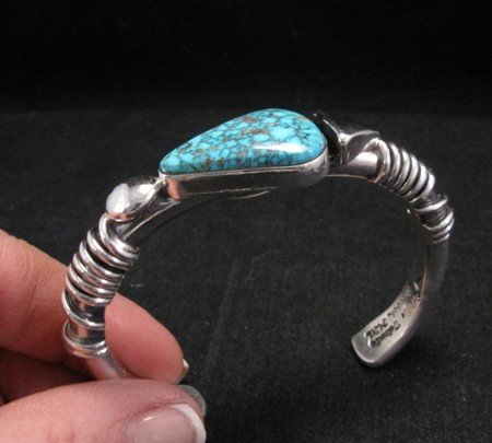 Image 3 of  Navajo Orville Tsinnie Kingman Web Turquoise Silver Wrap Bracelet, Large