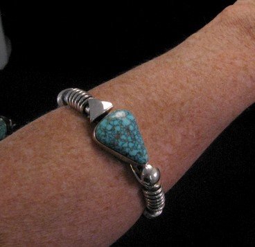 Image 5 of  Navajo Orville Tsinnie Kingman Web Turquoise Silver Wrap Bracelet, Large