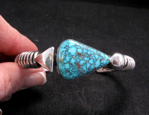 Image 6 of  Navajo Orville Tsinnie Kingman Web Turquoise Silver Wrap Bracelet, Large