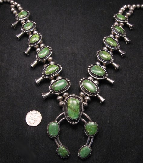 Image 4 of Huge Vintage Native American Navajo Nevada Turquoise Squash Blossom Necklace