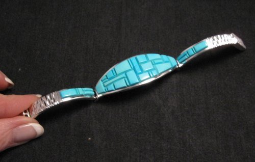 Image 8 of Fabulous Navajo Turquoise Inlay Bracelet, Earl Plummer