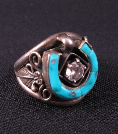 Image 1 of Dead Pawn Native American Turquoise Horseshoe Silver Ring Sz10