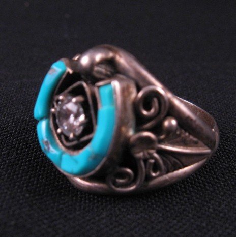 Image 2 of Dead Pawn Native American Turquoise Horseshoe Silver Ring Sz10