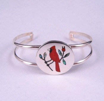 Image 0 of Native American Zuni Inlaid Cardinal Silver Bracelet - Sanford Edaakie