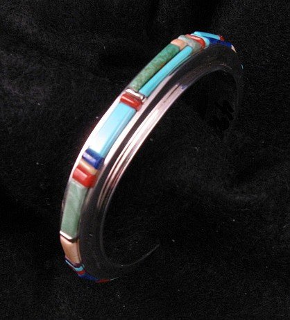 Image 1 of Navajo / Creek, David Tune, Multi-Stone Inlay Silver Bracelet