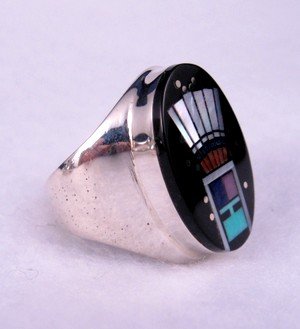 Image 1 of Navajo Yei Kachina Starry Nite Ring sz9, Clayton Tom