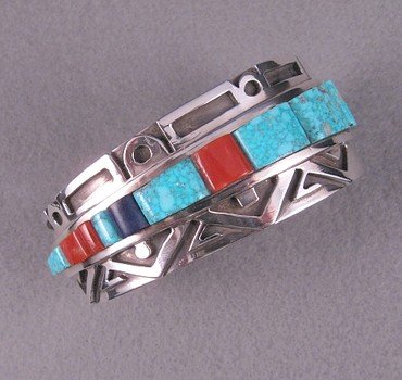 Erick Begay Navajo ''Diminishing Light'' Cornrow Inlay Silver Bracelet