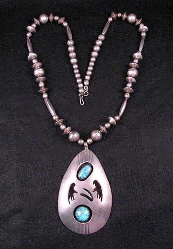 Image 1 of Vintage Navajo Turquoise Shadowbox Silver Beaded Necklace