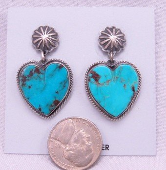 Navajo Turquoise Silver Heart Earrings, Donovan Cadman