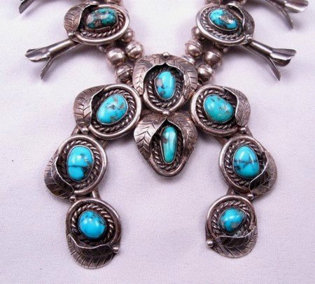 Vintage Native American Navajo Turquoise Silver Squash Blossom Necklace