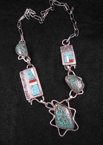 Image 0 of Navajo Erick Begay Sterling Silver Tufa Cast Turquoise Inlay Necklace