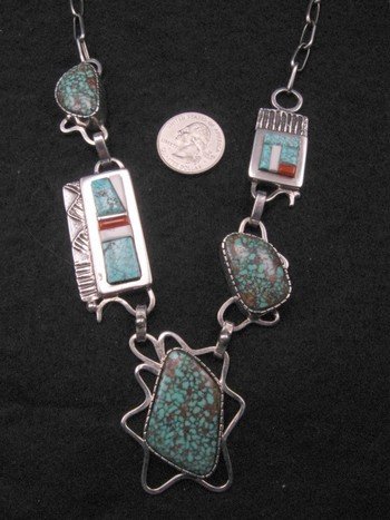 Image 1 of Navajo Erick Begay Sterling Silver Tufa Cast Turquoise Inlay Necklace