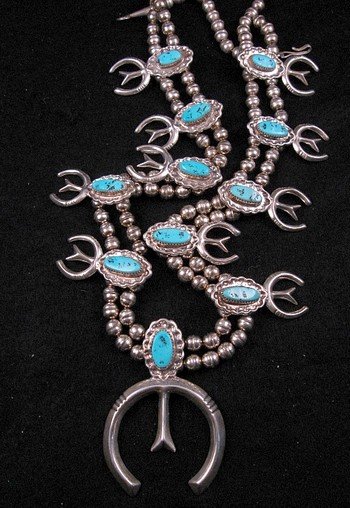 Image 1 of Navajo Dead Pawn Turquoise Silver Squash Blossom Necklace