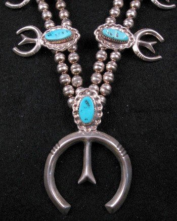 Image 2 of Navajo Dead Pawn Turquoise Silver Squash Blossom Necklace