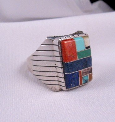 Image 1 of Ray Jack, Navajo, Multi-Stone Inlay Sterling Silver Ring, Sz13