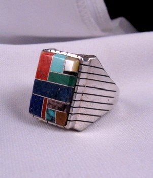 Image 2 of Ray Jack, Navajo, Multi-Stone Inlay Sterling Silver Ring, Sz13