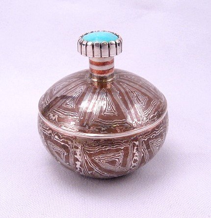 Image 0 of Shane Hendren Navajo Mokume Gane Silver Turquoise Seed Pot - One of a Kind