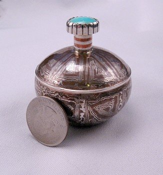 Image 1 of Shane Hendren Navajo Mokume Gane Silver Turquoise Seed Pot - One of a Kind