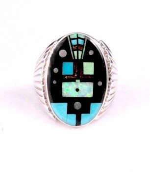 Navajo, Albert Tapaha, Starry Nite Yei Inlay Ring Sz13 