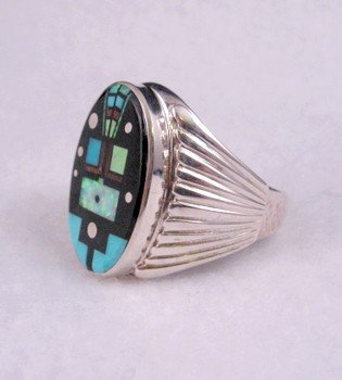 Image 1 of Navajo, Albert Tapaha, Starry Nite Yei Inlay Ring Sz13 