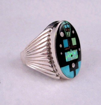 Image 2 of Navajo, Albert Tapaha, Starry Nite Yei Inlay Ring Sz13 