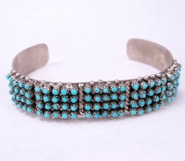 Image 1 of Zuni 4-Row 100 Snake Eye Turquoise Sterling Silver Bracelet, April Haloo