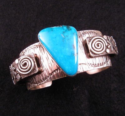 Image 0 of Navajo Alex Sanchez Turquoise Silver Raised Petroglyph Bracelet 