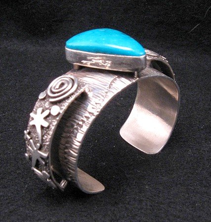 Image 2 of Navajo Alex Sanchez Turquoise Silver Raised Petroglyph Bracelet 