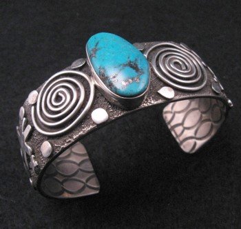 Image 0 of Navajo Alex Sanchez Turquoise Silver Petroglyph Bracelet
