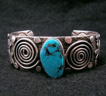 Image 1 of Navajo Alex Sanchez Turquoise Silver Petroglyph Bracelet