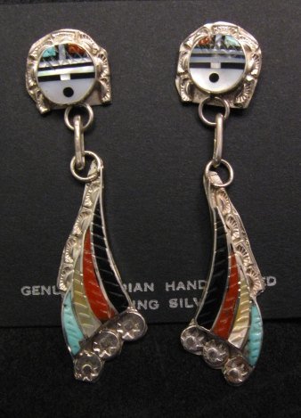 Image 0 of Zuni Inlaid Sunface Silver Dangle Earrings, Eldred Martinez