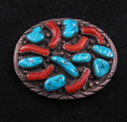 Vintage Native American Turquoise Coral Sterling Silver Buckle 