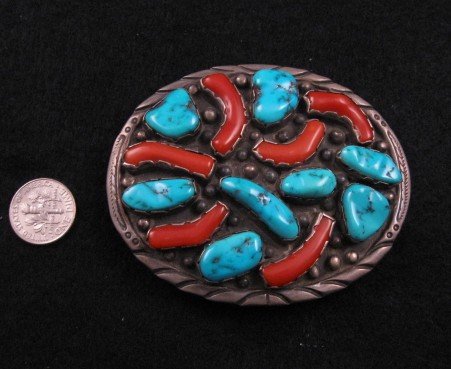 Image 1 of Vintage Native American Turquoise Coral Sterling Silver Buckle 