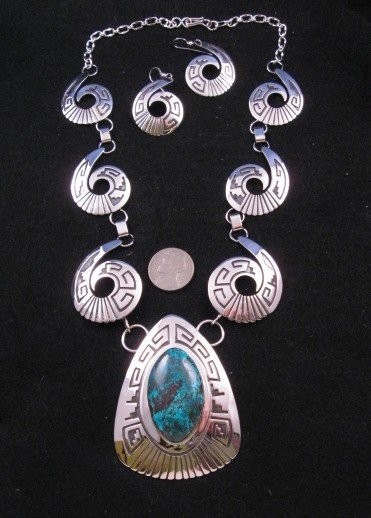 Image 4 of Navajo Chrysocolla Silver Swirl Necklace & Earrings -Everett & Mary Teller