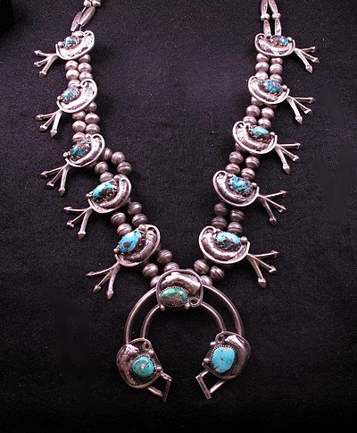 Image 0 of Vintage Dead Pawn Native American Turquoise Silver Squash Blossom Necklace