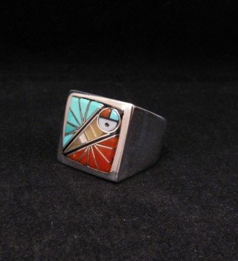 Image 2 of Zuni Native American Mens Inlaid Sunface Ring Sz11