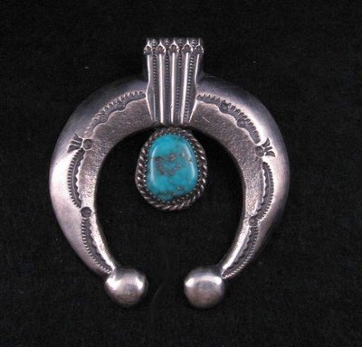 Image 0 of Navajo Pawn Style Sandcast Silver Turquoise Naja Pendant